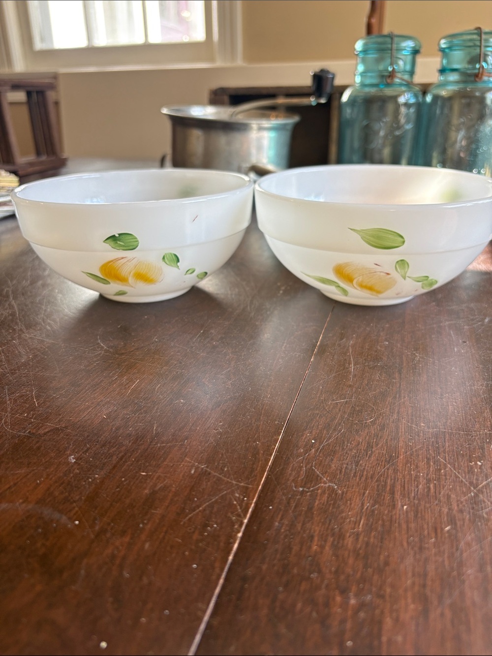 2Vintage Fire-King milk glass bowls hand-painted fruit design